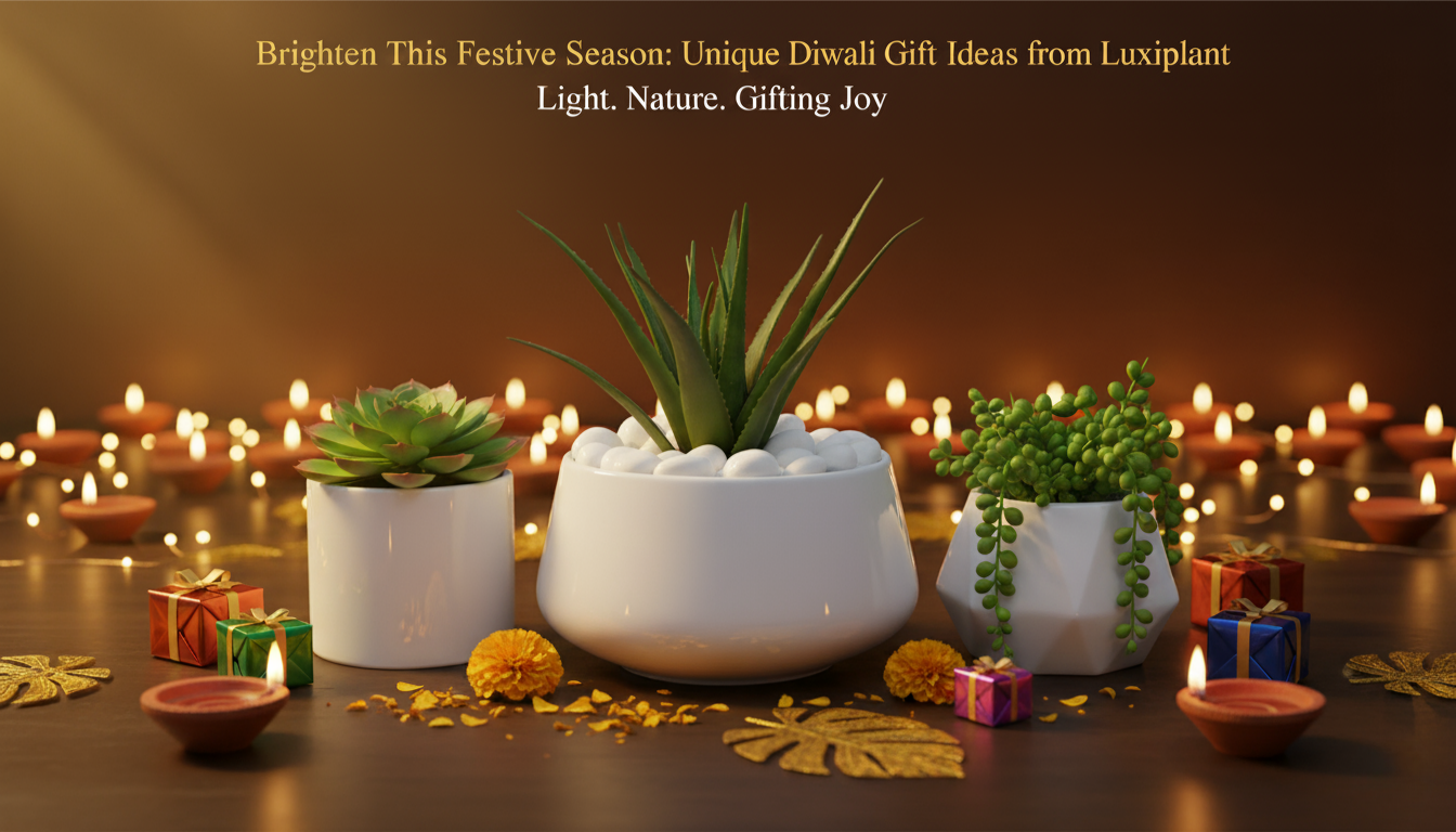 “Festive Diwali setup with decorative potted plants in white planters surrounded by lit diyas, marigold flowers, golden leaf ornaments, and small wrapped gift boxes, creating a warm and joyful celebration atmosphere.”