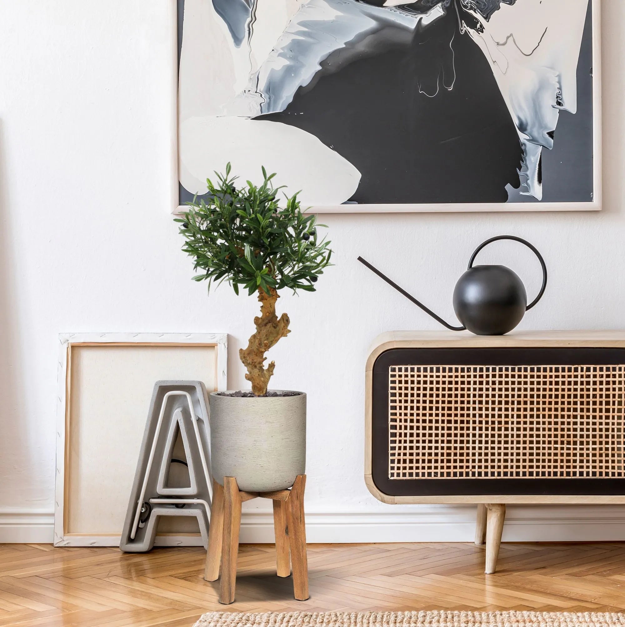 Elegant 2 Ft artificial Mediterranean Olive Bonsai on a decorative stand