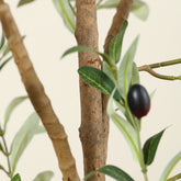 Close-up of artificial olive plant leaves, showcasing realistic texture and detail