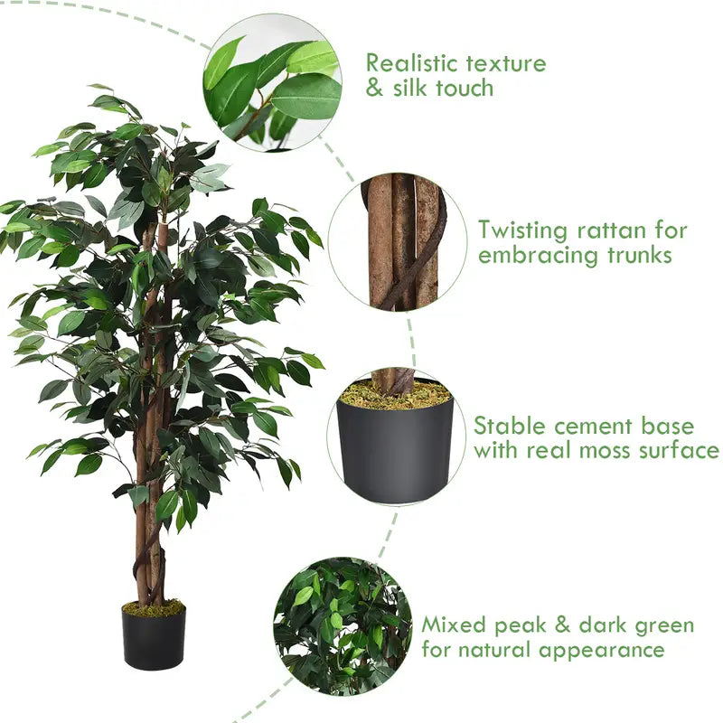 Elegant Green Artificial Ficus Tree with Natural Wood Base