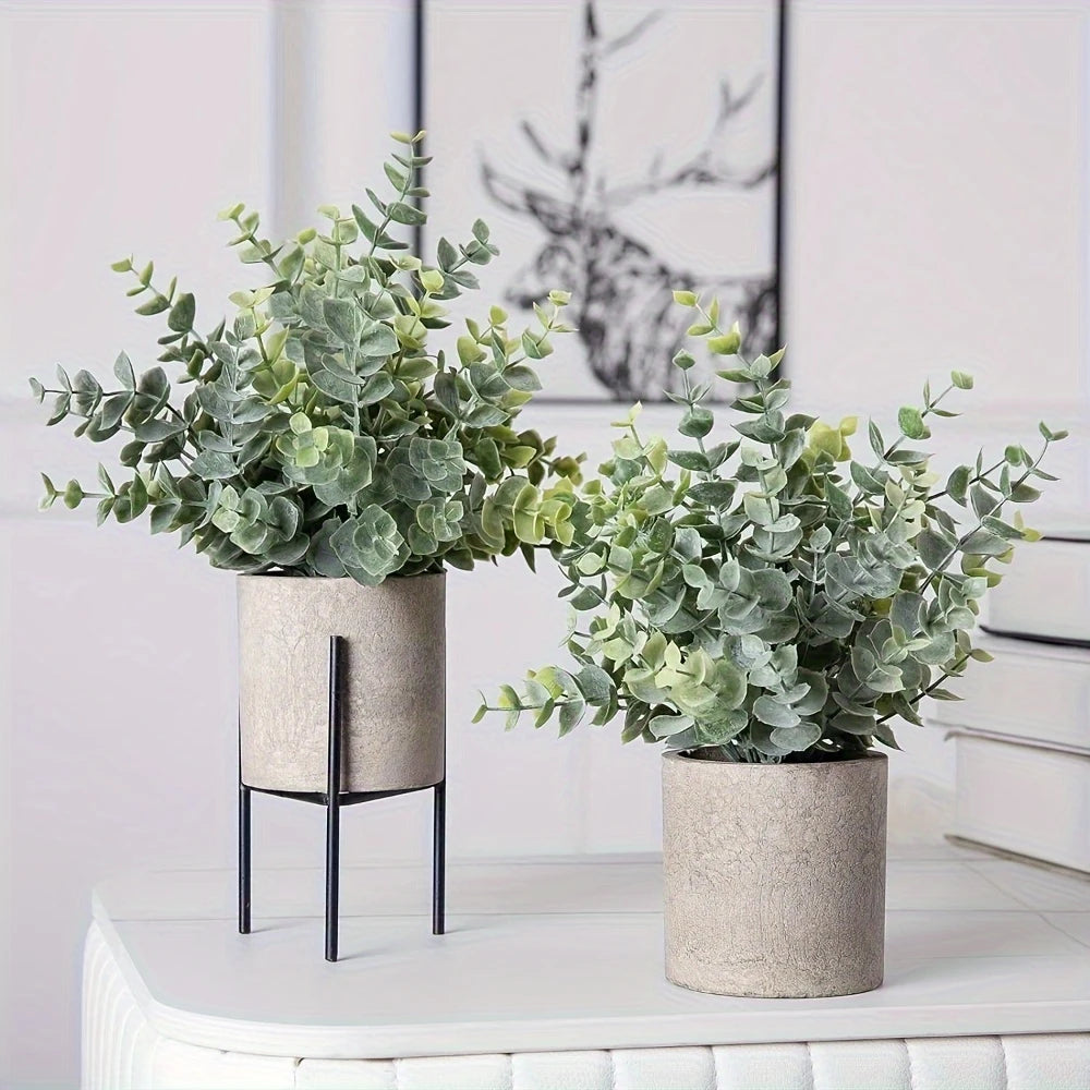 Lifelike 1 Ft artificial Eucalyptus set with lush, green leaves in decorative pots