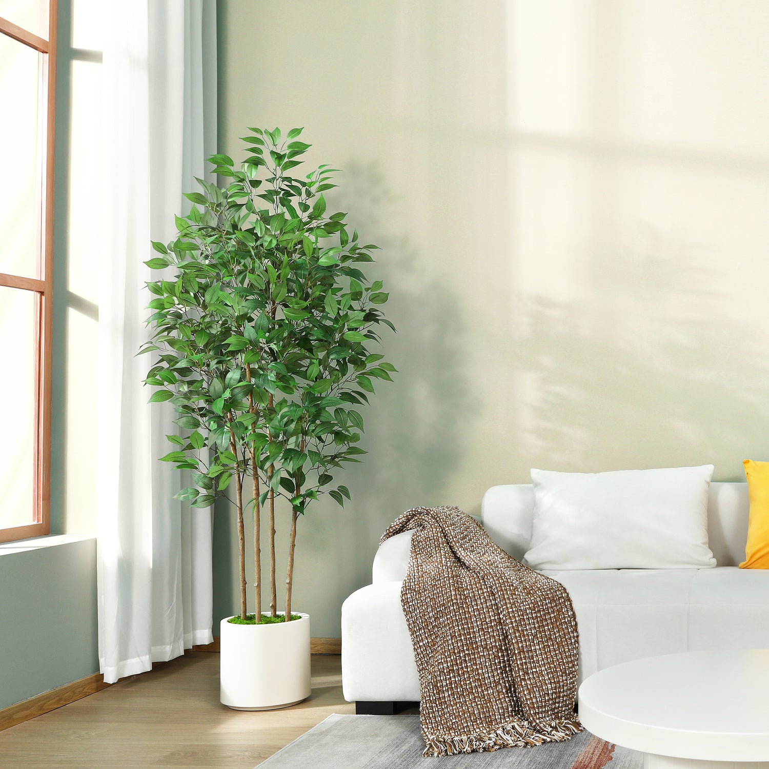 Elegant artificial faux ficus plant with fabric and wood construction.