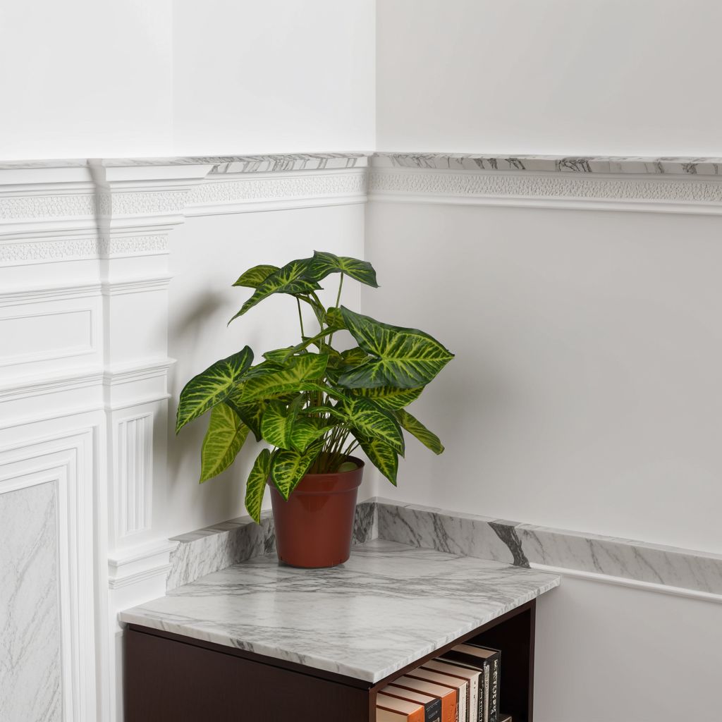 A 2 ft artificial caladium yellow bush on a tabletop, with green and yellow leaves, placed in a home setting.