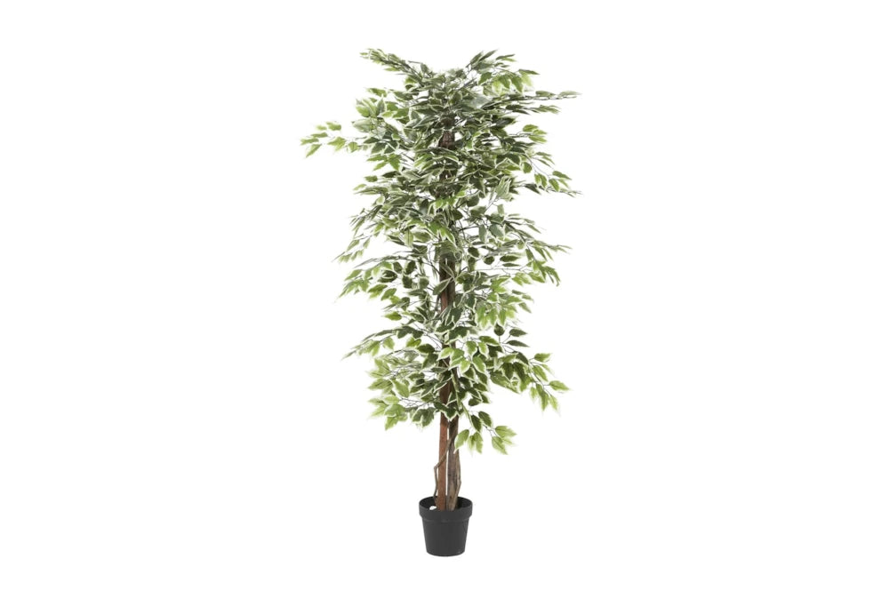 Realistic Faux Green Ficus Tree with Sturdy Wooden Base