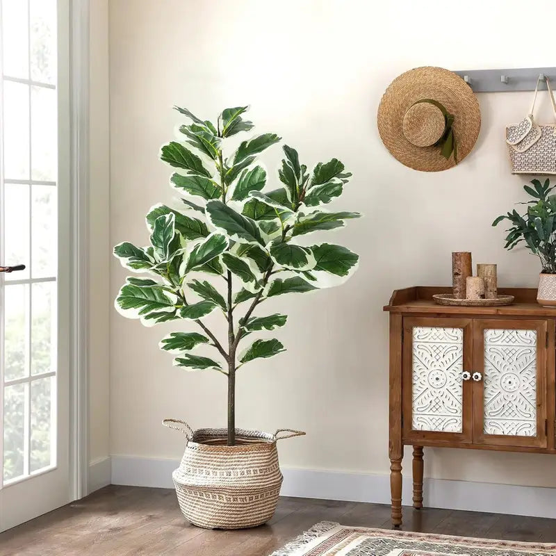 4ft Artificial Ficus Lyrata Plant with Lifelike Green and White Leaves