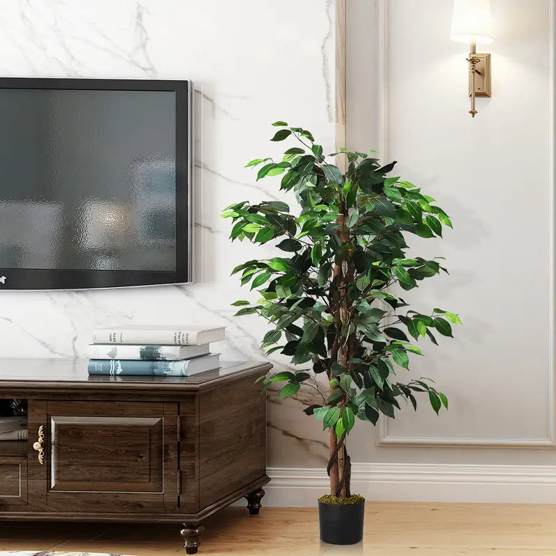 4ft Ficus Artificial Tree with Real Wood Trunk and Lifelike Leaves