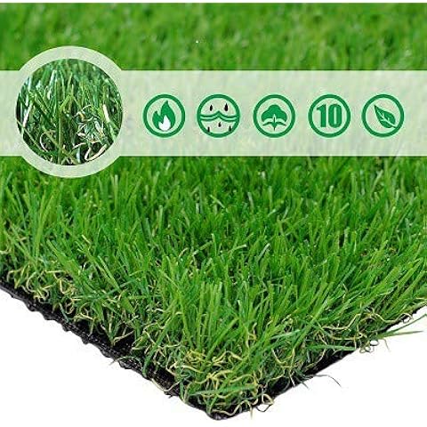 Artificial grass with a close-up inset and green certification icons.