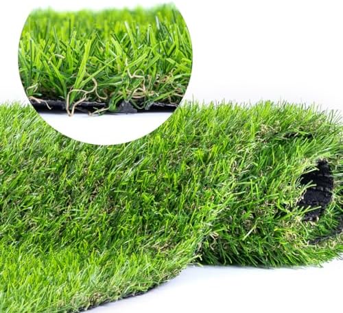Roll of artificial grass with a close-up inset showing the texture.