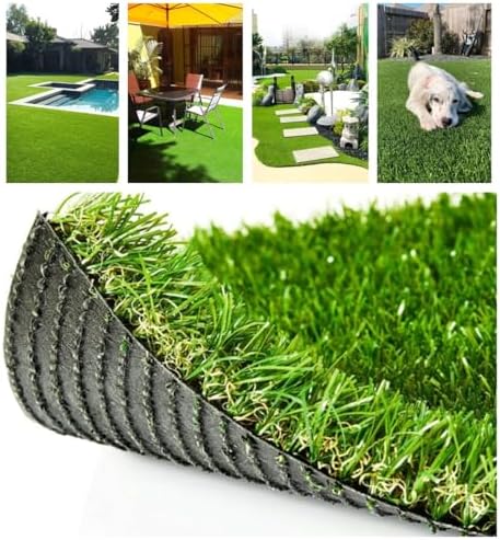 Roll of artificial grass with various outdoor settings featuring the product.