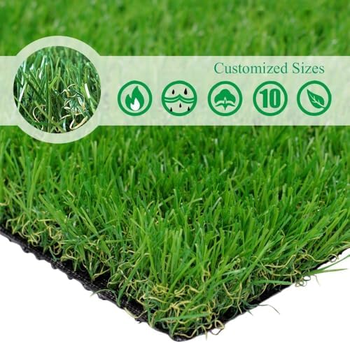 Artificial grass with customizable sizes and environmental icons on a white background