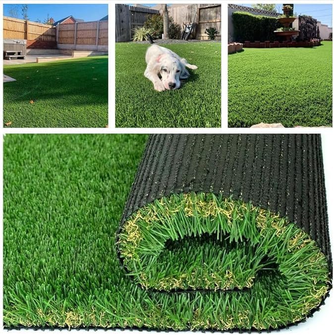 Collage of artificial grass in a backyard with a dog, close-up of grass, and roll of artificial grass.