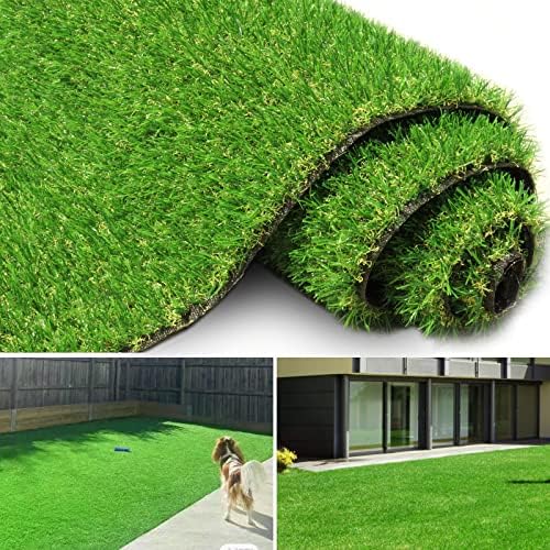 Roll of artificial grass with examples of installation in a backyard and on a building.