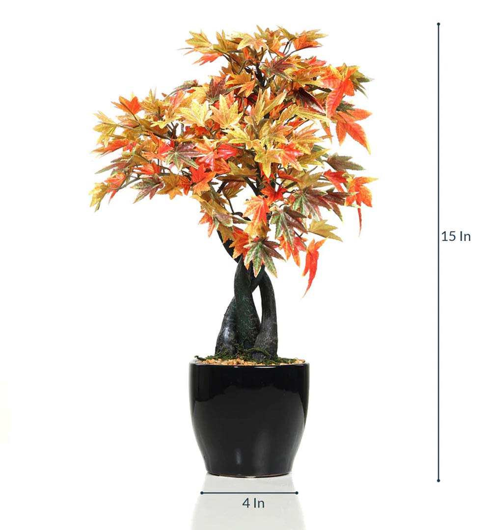 Artificial bonsai tree with autumn leaves in a black pot, shown with measurements on a white background.