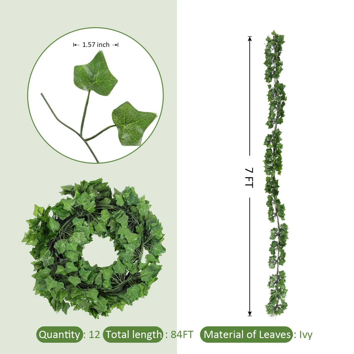 5.8 Ft Artificial Ivy Garland (Set of 12) – Lush Green Faux Hanging Vines for Wall Decor, Bedroom & Party Backdrops