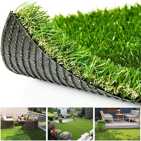 Close-up of artificial grass with outdoor application examples below