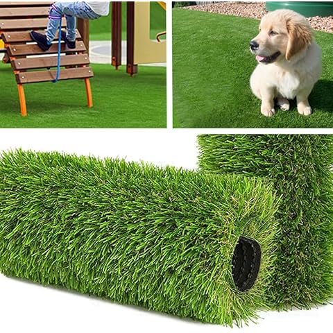 Collage of artificial grass used in various settings including a playground, a dog on grass, and a roll of artificial grass.