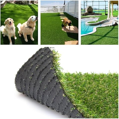 Collage of artificial grass with dogs and a pool, featuring a roll of synthetic grass.