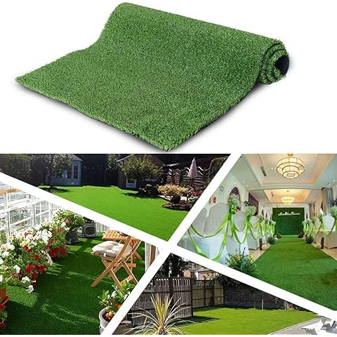 Roll of artificial grass with outdoor and indoor application examples.