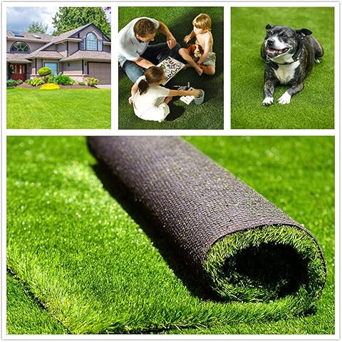 Roll of artificial grass with images of a house, family, and dog on grass.