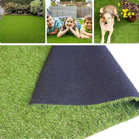 Green artificial grass with a close-up of the texture, used by children and a dog.