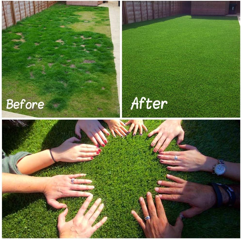 Before and after comparison of a grassy area with artificial grass, showing hands touching the surface.