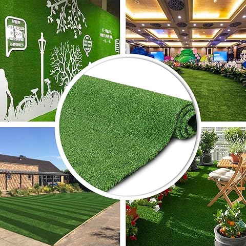 Collage of artificial grass used in various settings including a garden, indoor event space, and outdoor area.