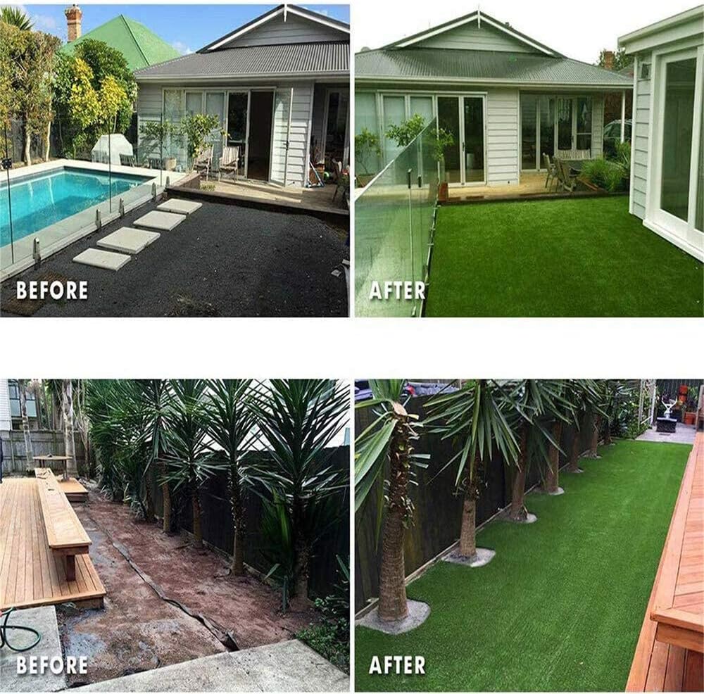 Before and after transformation of a backyard with artificial grass and landscaping.