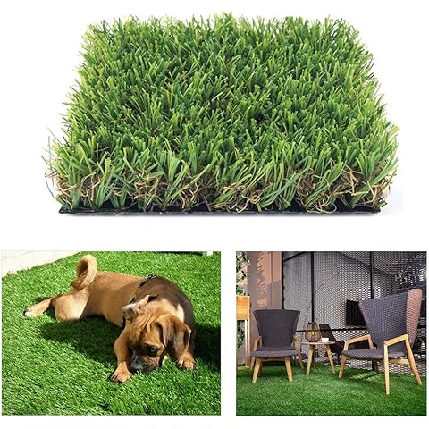 Artificial grass mat with a dog on it and outdoor setting