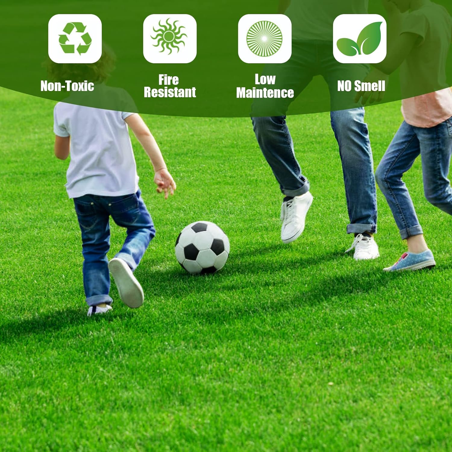 Children playing with a soccer ball on green grass with sustainability icons and text.
