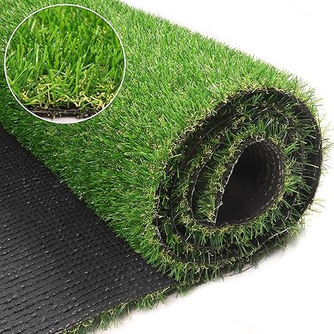 Roll of artificial grass with a close-up inset showing the texture.