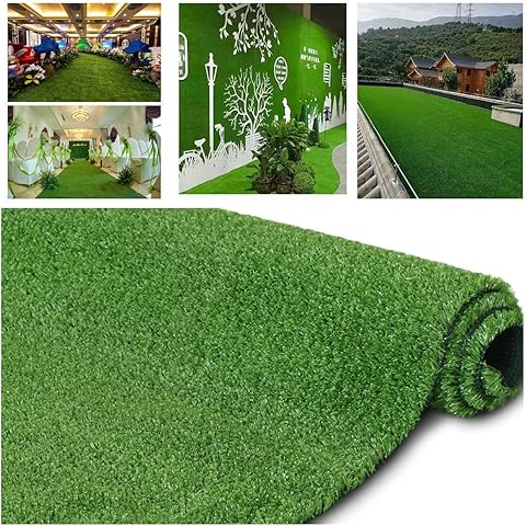 Roll of artificial grass with images of its use in various settings.