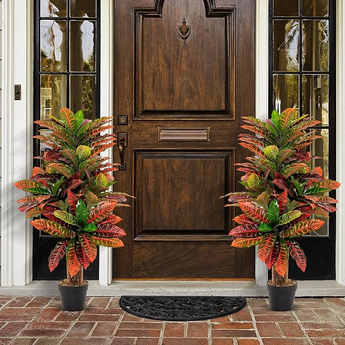 3 Ft Artificial Croton Palm Tree – Vibrant Fake Plant with Variegated Leaves for Home & Office – lifelike tropical plant alternative