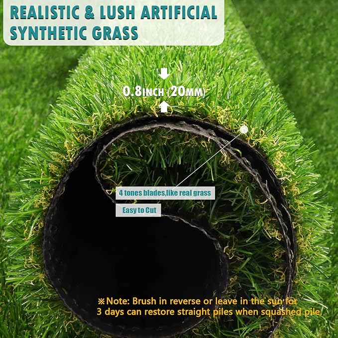 Roll of realistic artificial synthetic grass with text highlighting features.