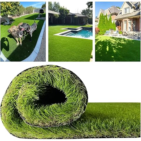 Roll of artificial grass with outdoor settings featuring a pool, house, and dogs.