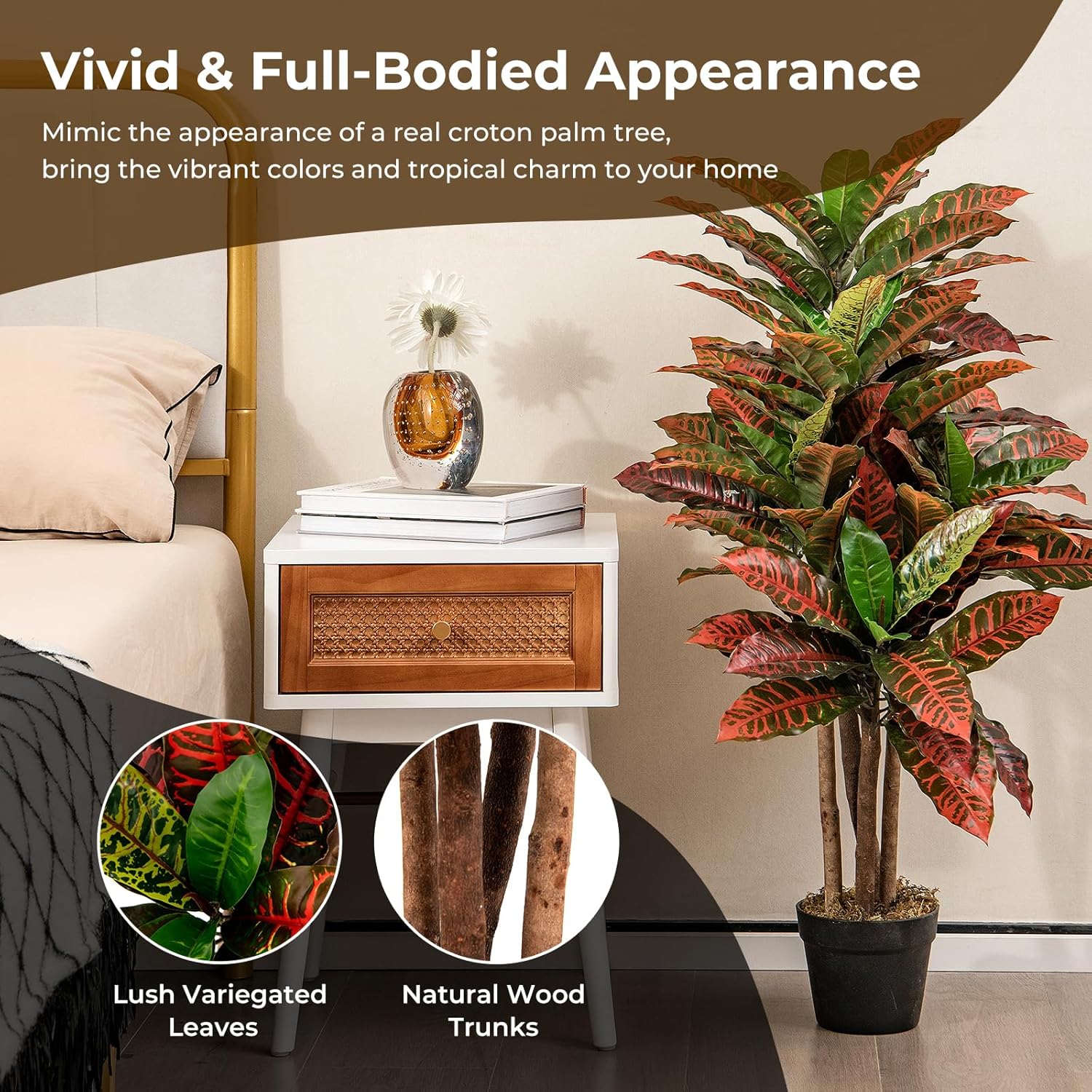 3 Ft Artificial Croton Palm Tree – Vibrant Fake Plant with Variegated Leaves for Home & Office – adds a lush green touch to interiors