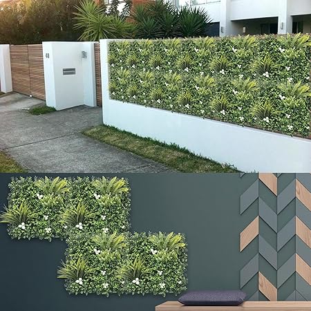 Artificial Greenery Wall Panels – 50x50 cm Faux Grass Backdrop with 3D Mixed Boxwood & Ivy | Privacy Screen for Indoor & Outdoor Décor | UV-Resistant Green Hedge for Bangalore Spaces
