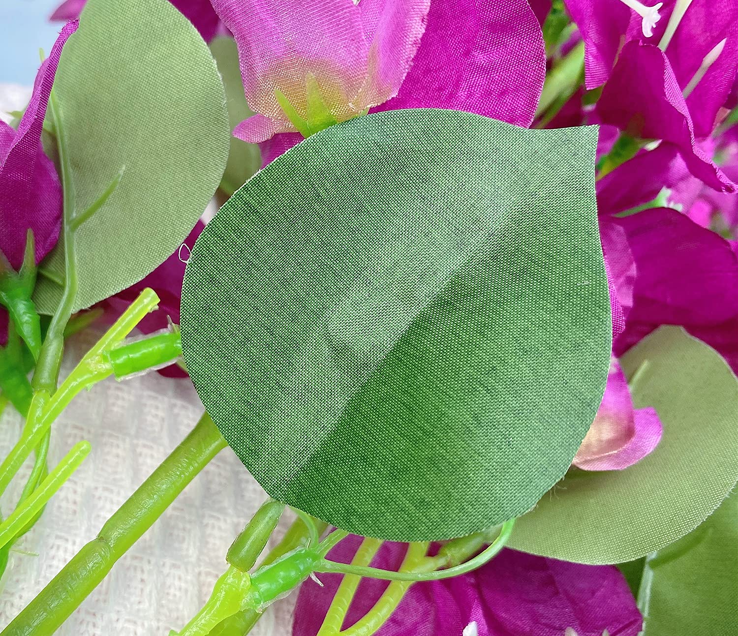Close-up of green leaves and pink flowers with a blurred background