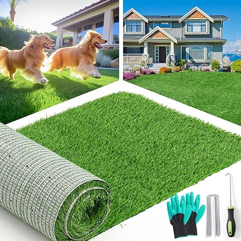 Roll of artificial grass with tools and gloves, set against a backdrop of a house and dogs on real grass.
