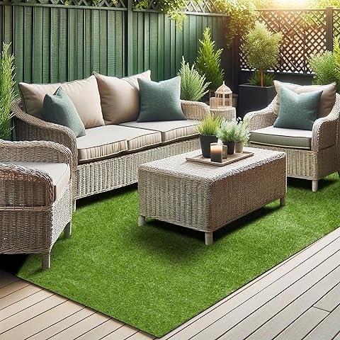 Outdoor patio set with wicker furniture and green rug on a wooden deck.