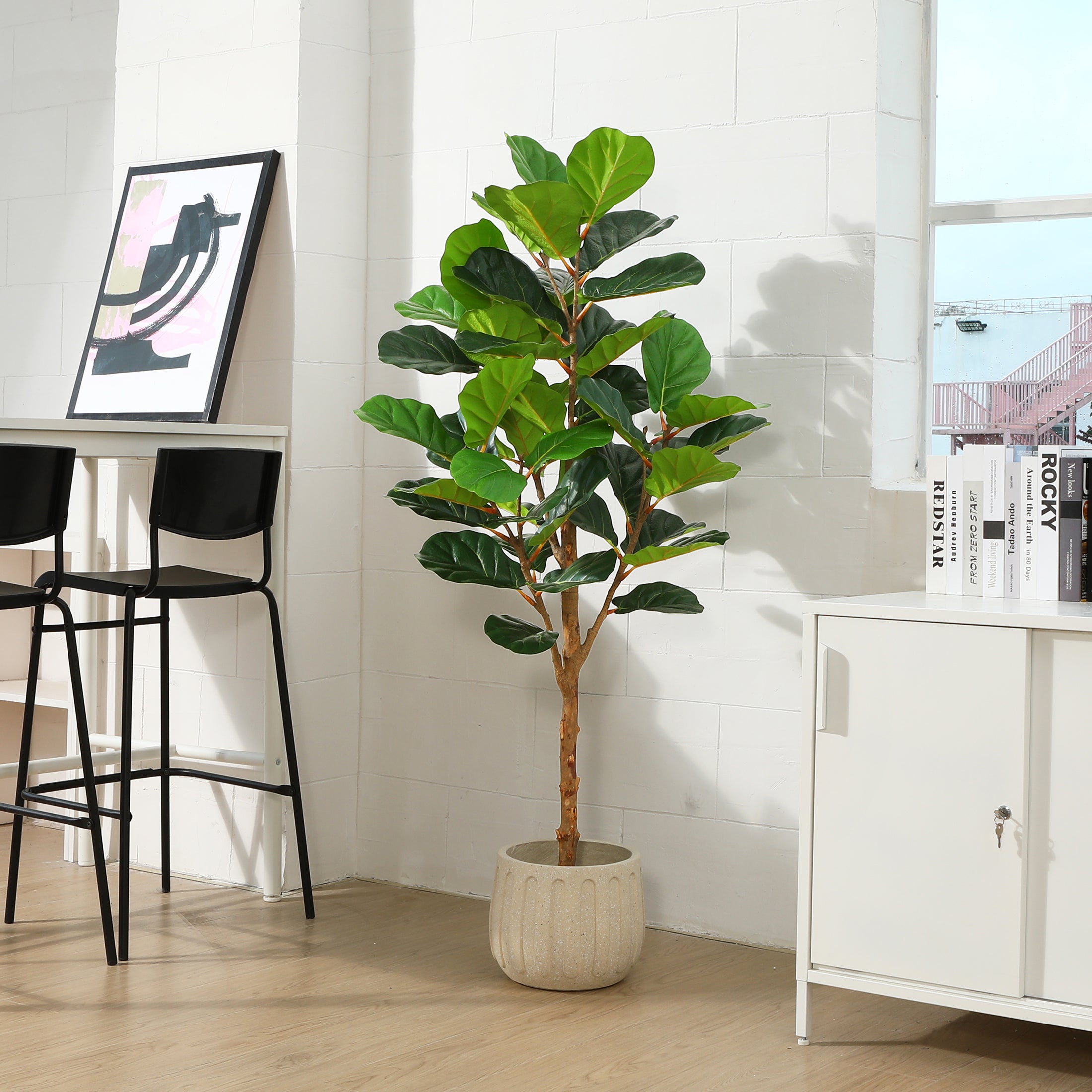 Lifelike Artificial Fiddle Leaf Fig Tree made from soft-touch fabric and wood