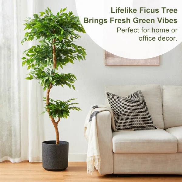 Tall artificial ficus plant with realistic green foliage, perfect for interiors.
