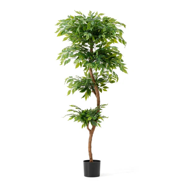 Real-touch artificial ficus tree crafted from high-quality fabric and wood.