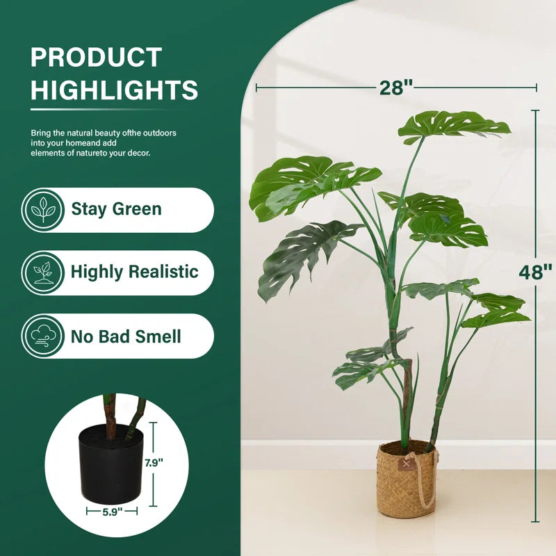 Maintenance-free 4ft faux Monstera Deliciosa, perfect for indoor spaces