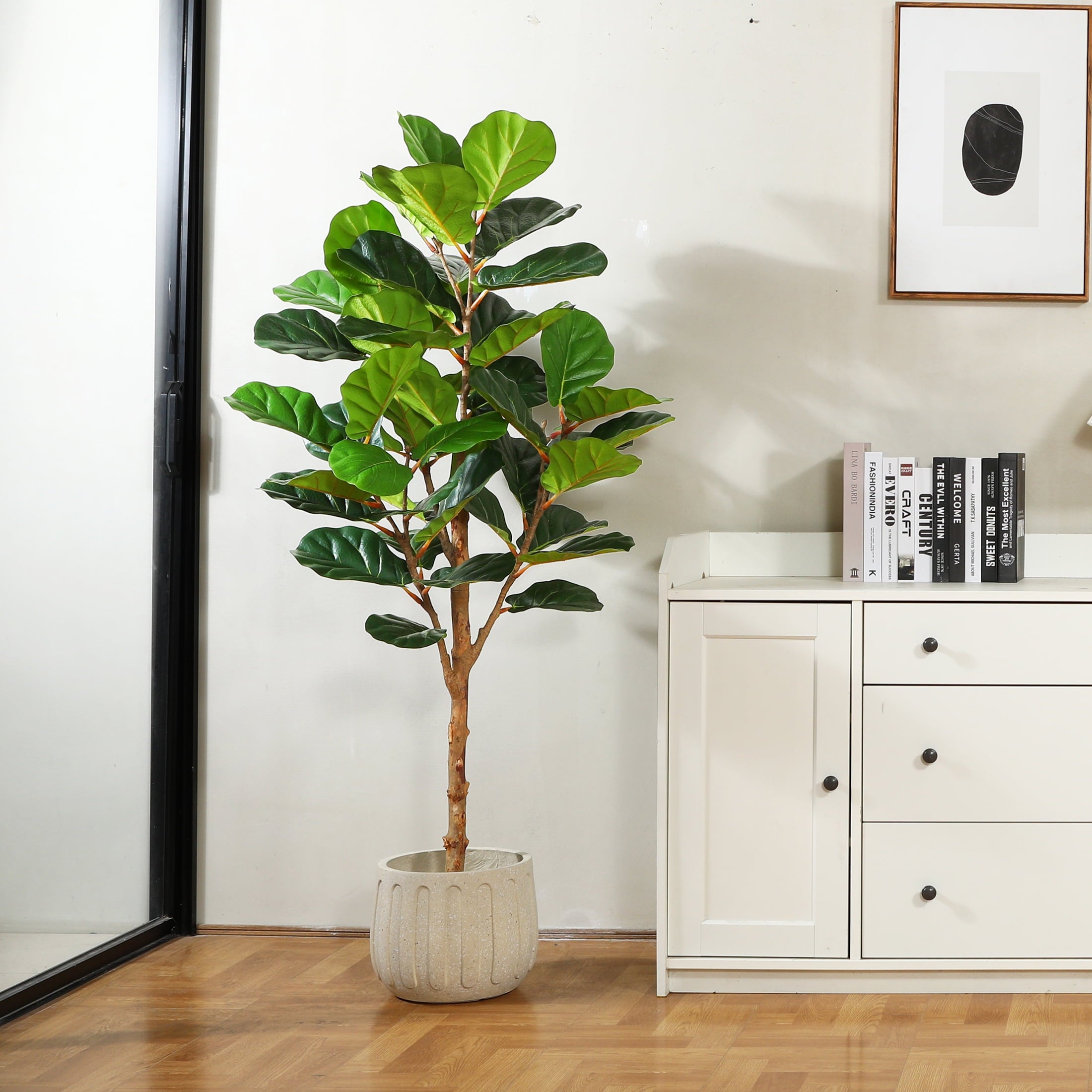 Decorative indoor Faux Fiddle Leaf Fig Plant with broad, natural-looking leaves