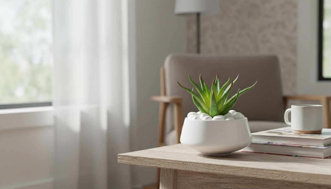 Potted Aloe vera plant on a wooden table with a blurred background