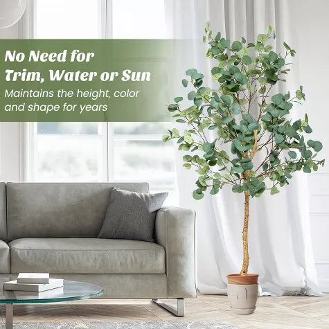 4 Ft Tangkula 5.5FT Artificial Eucalyptus Tree in Plastic Nursery Pot Tall Fake Eucalyptus Plants with 517 Silver Dollar Leaves for Indoor Outdoor – brightens up dull corners effortlessly