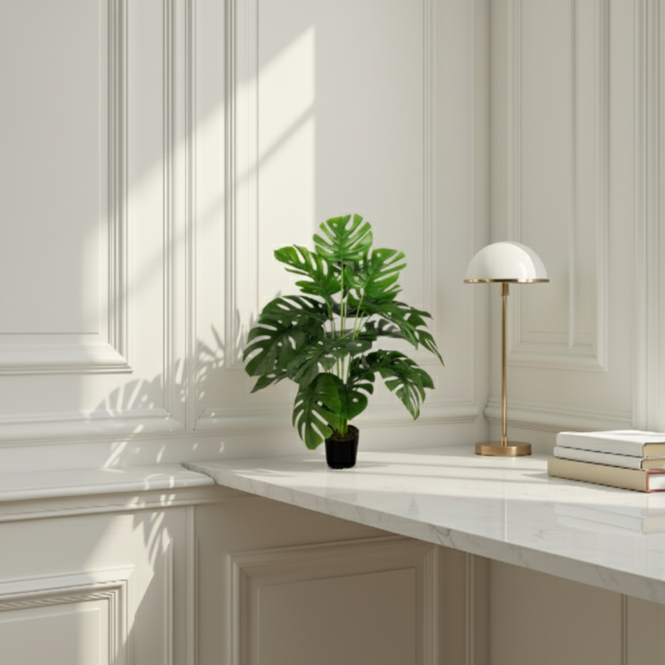 Modern interior with a plant, lamp, and books on a white surface.
