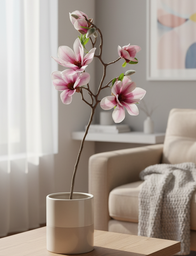 Floral arrangement in a vase on a wooden coffee table with a neutral-colored wall and sofa in the background.