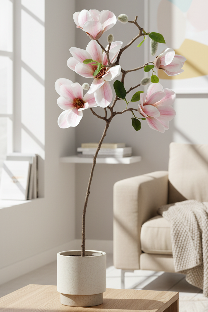 Potted plant with pink flowers on a wooden table in a living room.