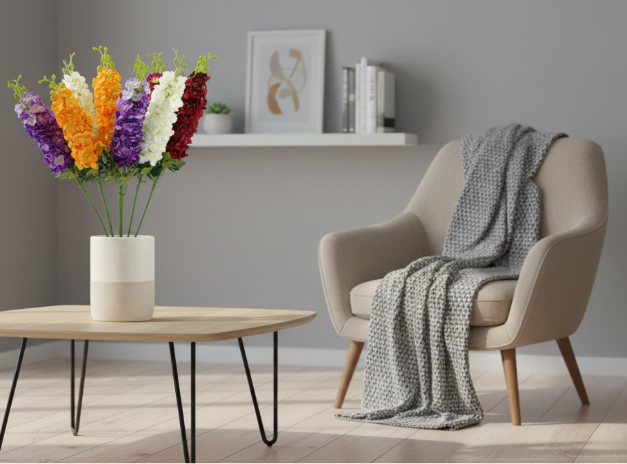 Modern living room with a coffee table, armchair, and vase of flowers.